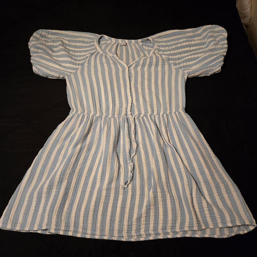 Old Navy Dress Womens Small Blue Striped 100% Cotton Puff Sleeve Sundress Summer